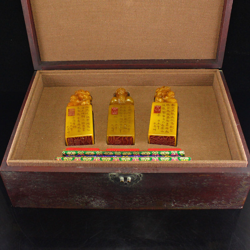 A Set Three Chinese Tianhuang Stone Fortune Beast Seals w Box