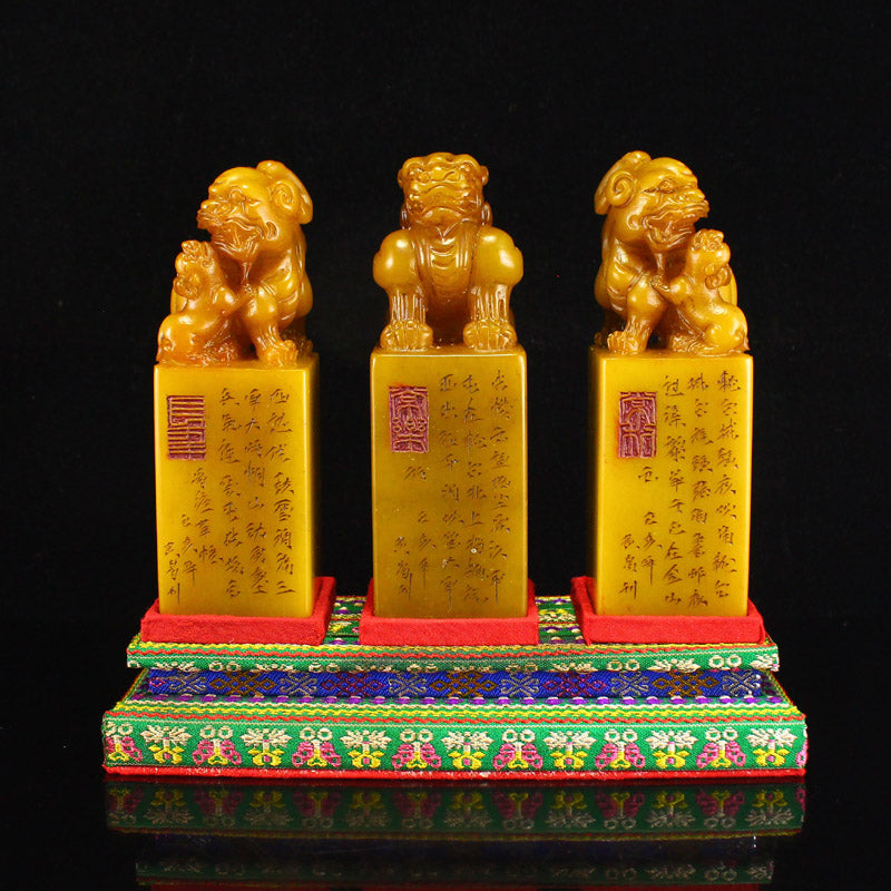 A Set Three Chinese Tianhuang Stone Fortune Beast Seals w Box