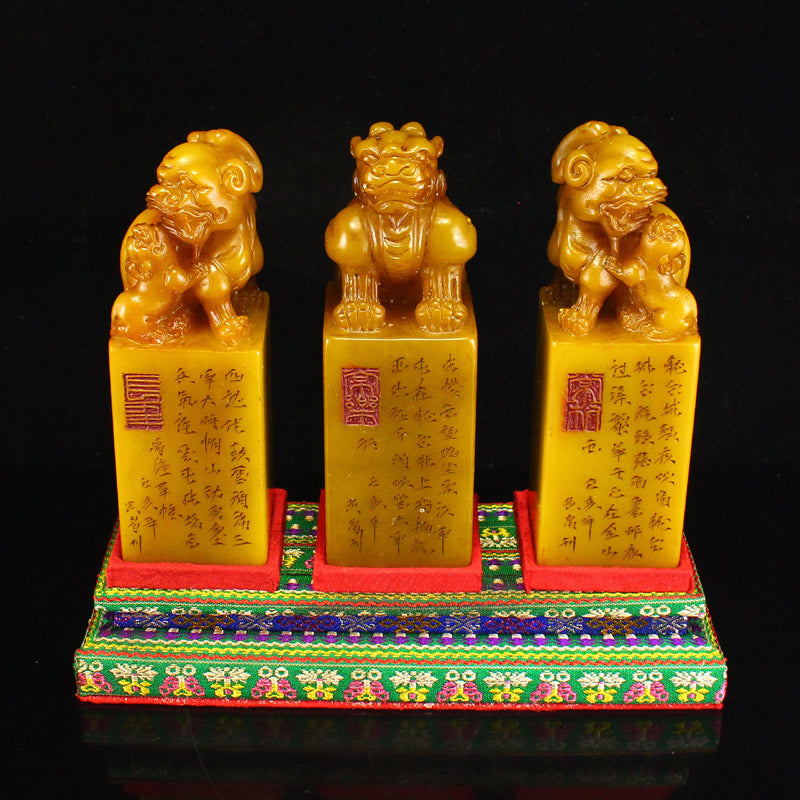 A Set Three Chinese Tianhuang Stone Fortune Beast Seals w Box