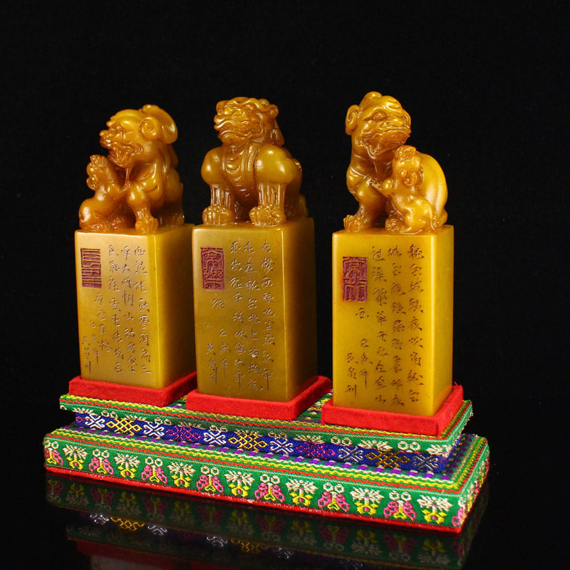 A Set Three Chinese Tianhuang Stone Fortune Beast Seals w Box