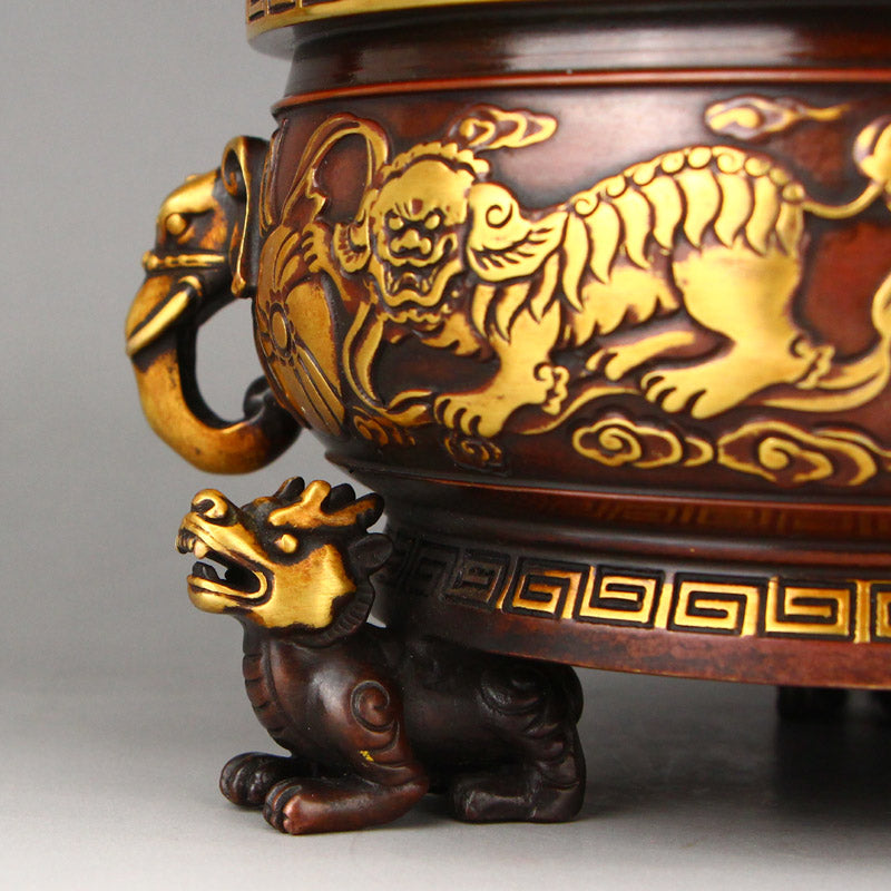 Vintage Gilt Gold Copper Low Relief Lion Design Elephant Head Double Ears Incense Burner