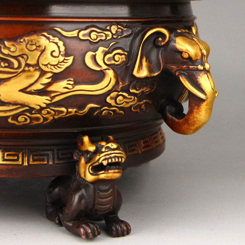 Vintage Gilt Gold Copper Low Relief Lion Design Elephant Head Double Ears Incense Burner