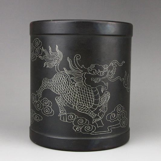 Old Chinese Bronze Inlay Silver Wire Fortune Kylin Brush Pot