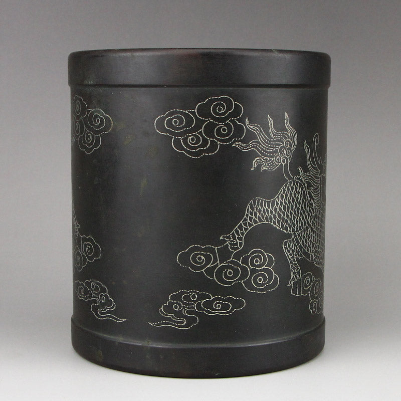 Old Chinese Bronze Inlay Silver Wire Fortune Kylin Brush Pot