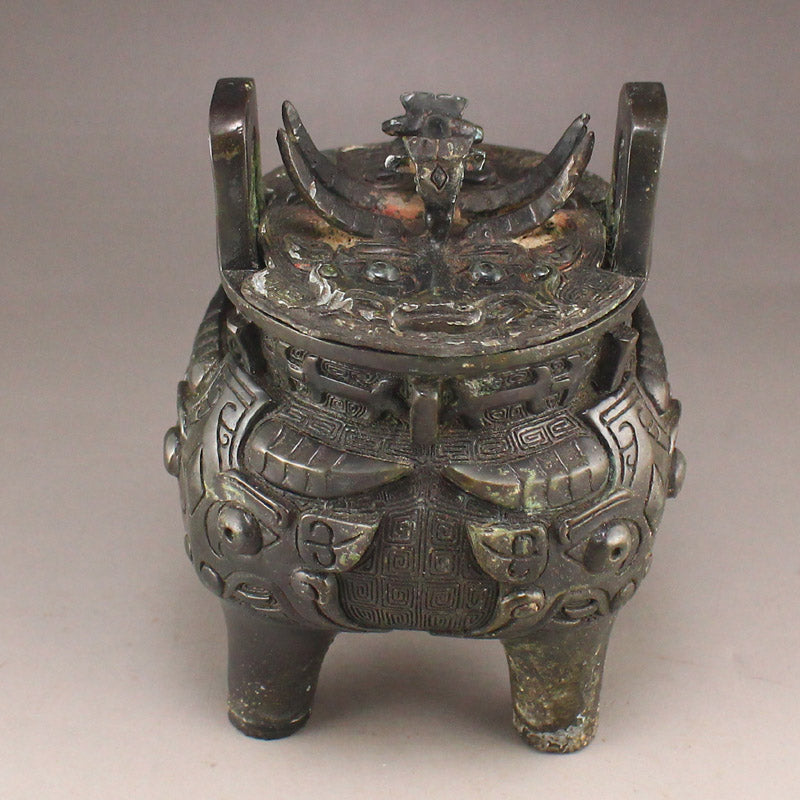 Vintage Bronze High Relief Beast Design Double Ears 3 Legs Incense Burner