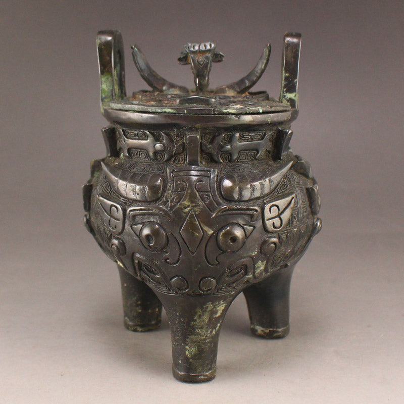 Vintage Bronze High Relief Beast Design Double Ears 3 Legs Incense Burner