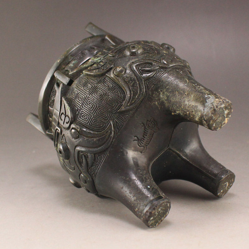 Vintage Bronze High Relief Beast Design Double Ears 3 Legs Incense Burner