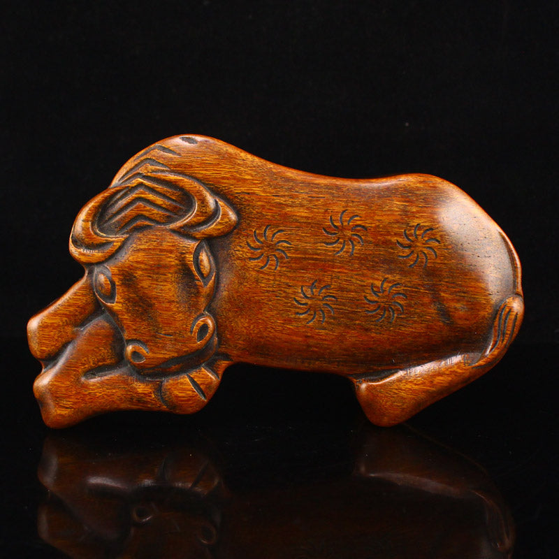 Old Wood Carved Fortune Ox Inkstone