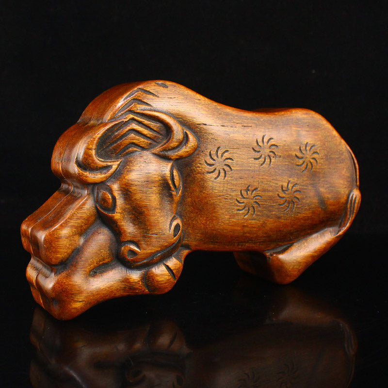 Old Wood Carved Fortune Ox Inkstone