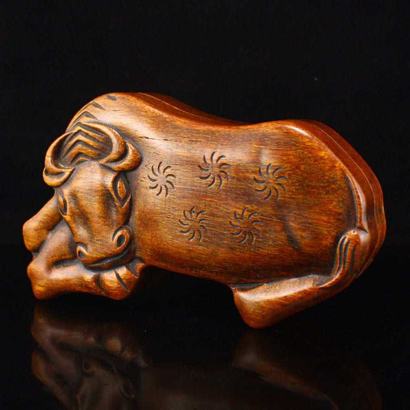 Old Wood Carved Fortune Ox Inkstone