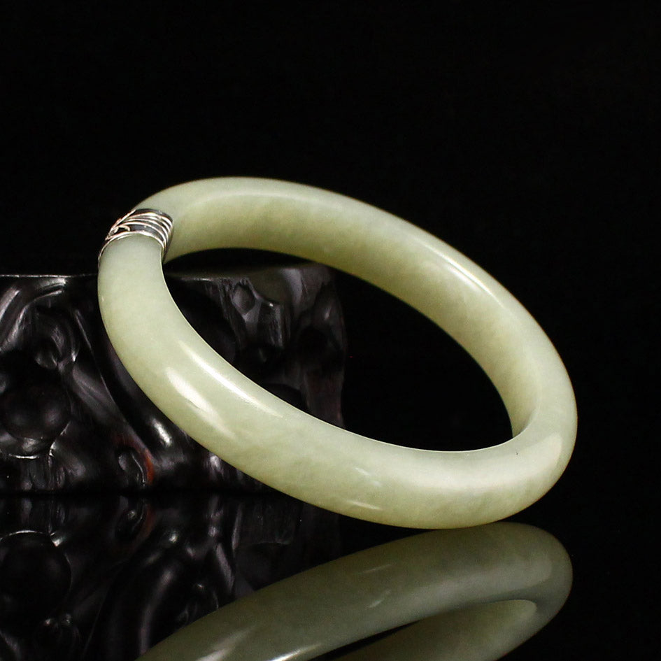 Inside Diameter 55mm Natural Jade Inlay Pure Silver Bracelet