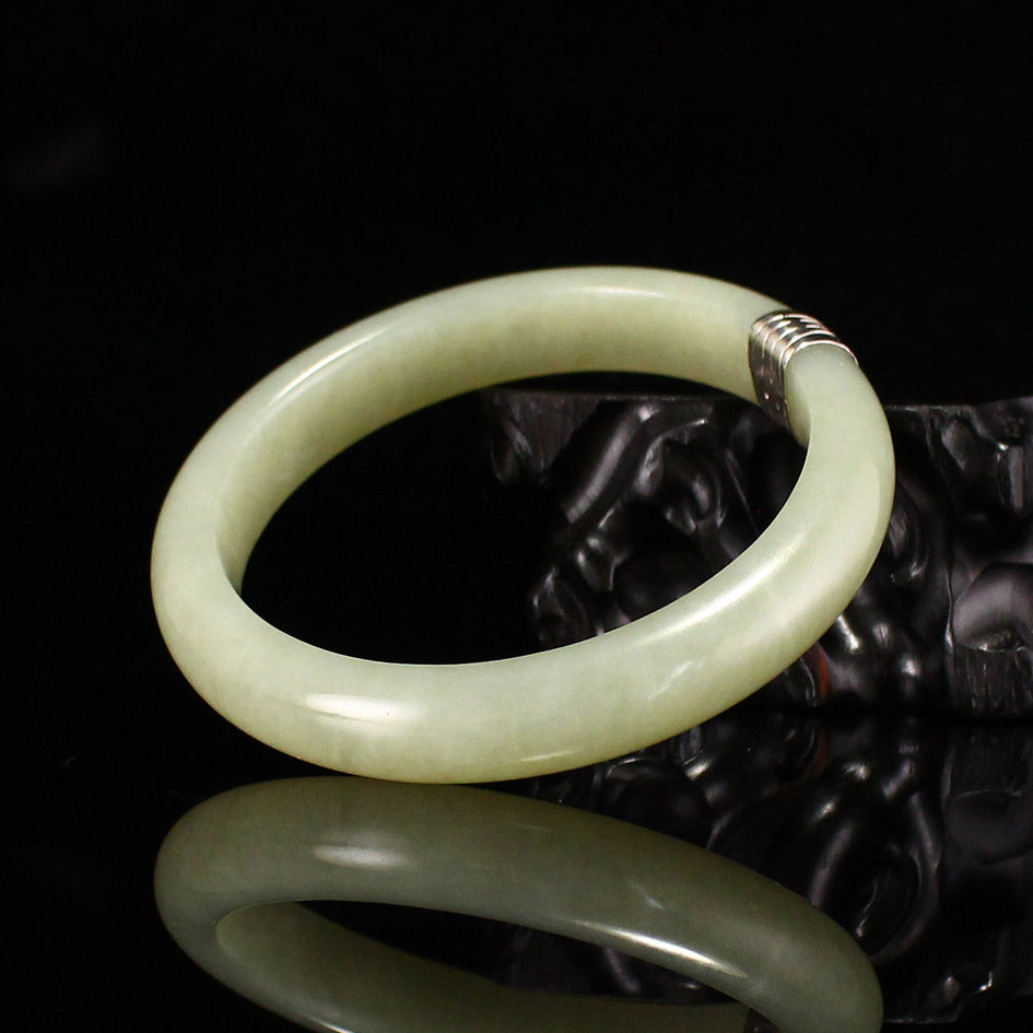 Inside Diameter 55mm Natural Jade Inlay Pure Silver Bracelet