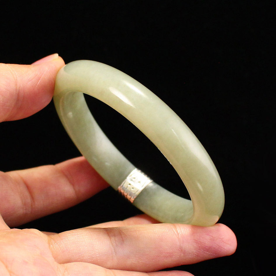 Inside Diameter 55mm Natural Jade Inlay Pure Silver Bracelet