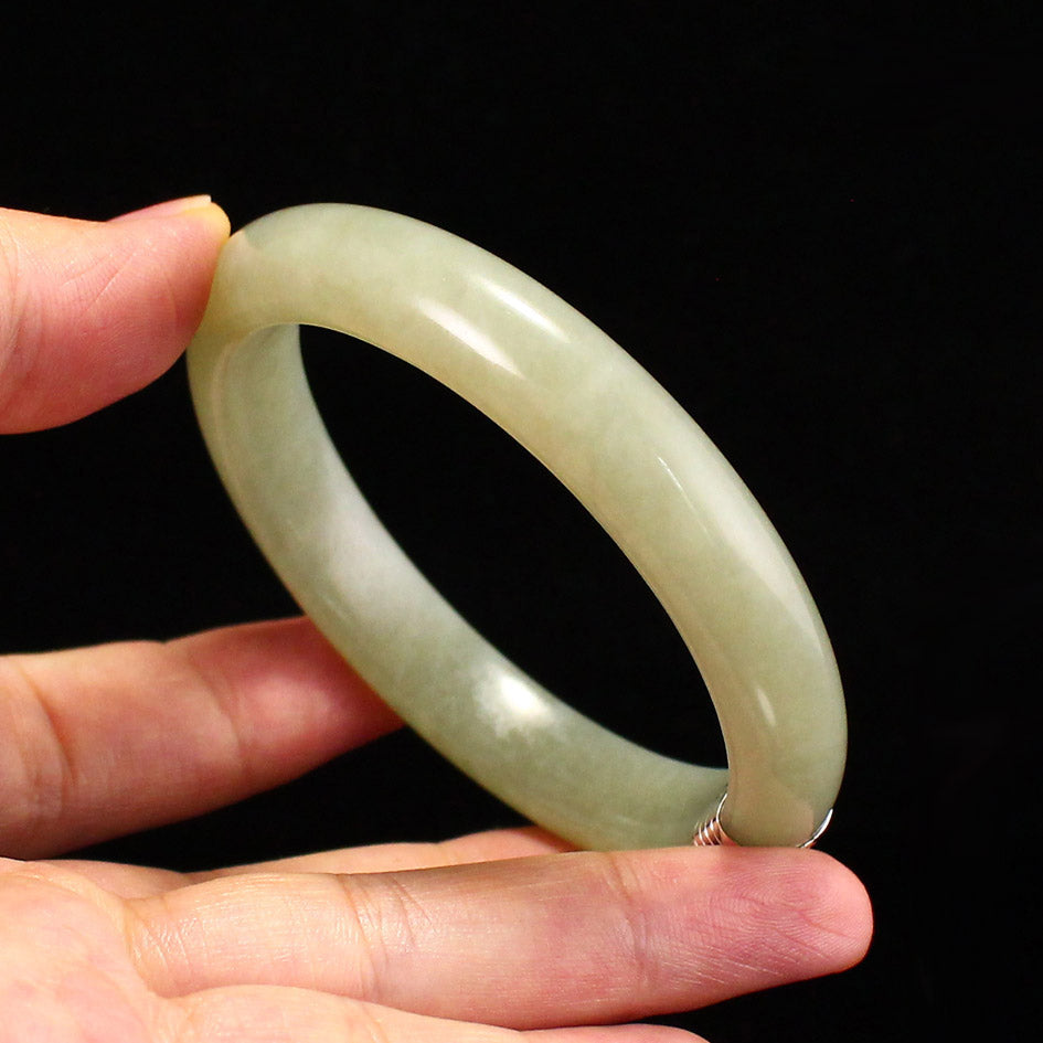 Inside Diameter 55mm Natural Jade Inlay Pure Silver Bracelet