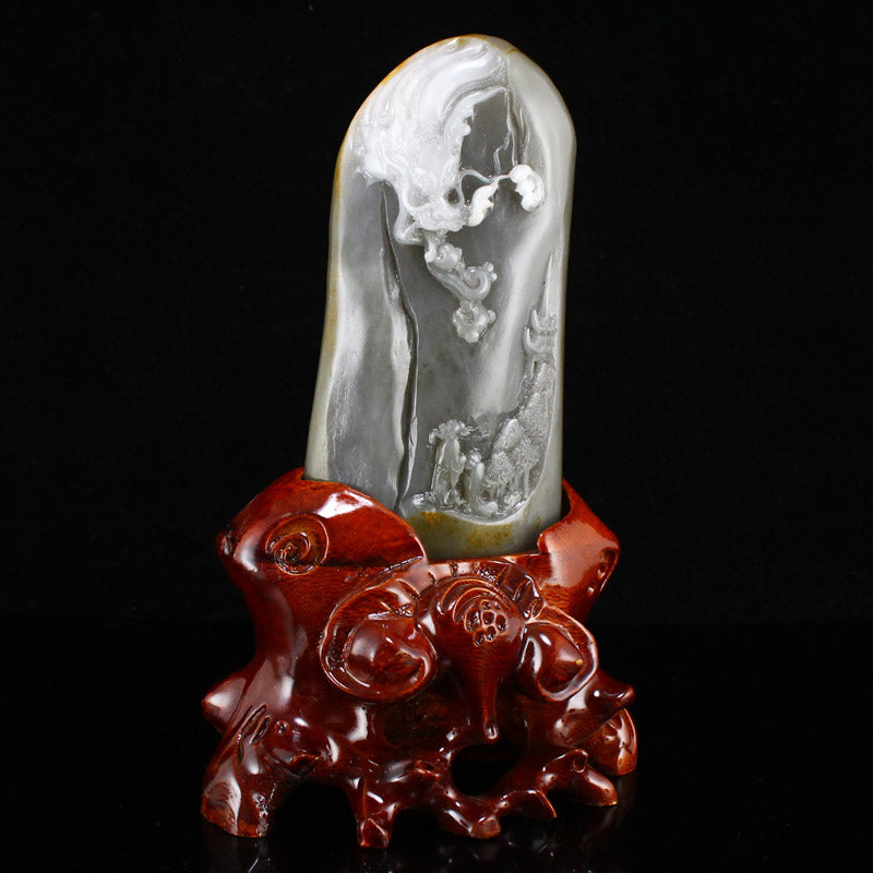 Chinese  Jade Lucky Dragon & Figure Statue w Certificate