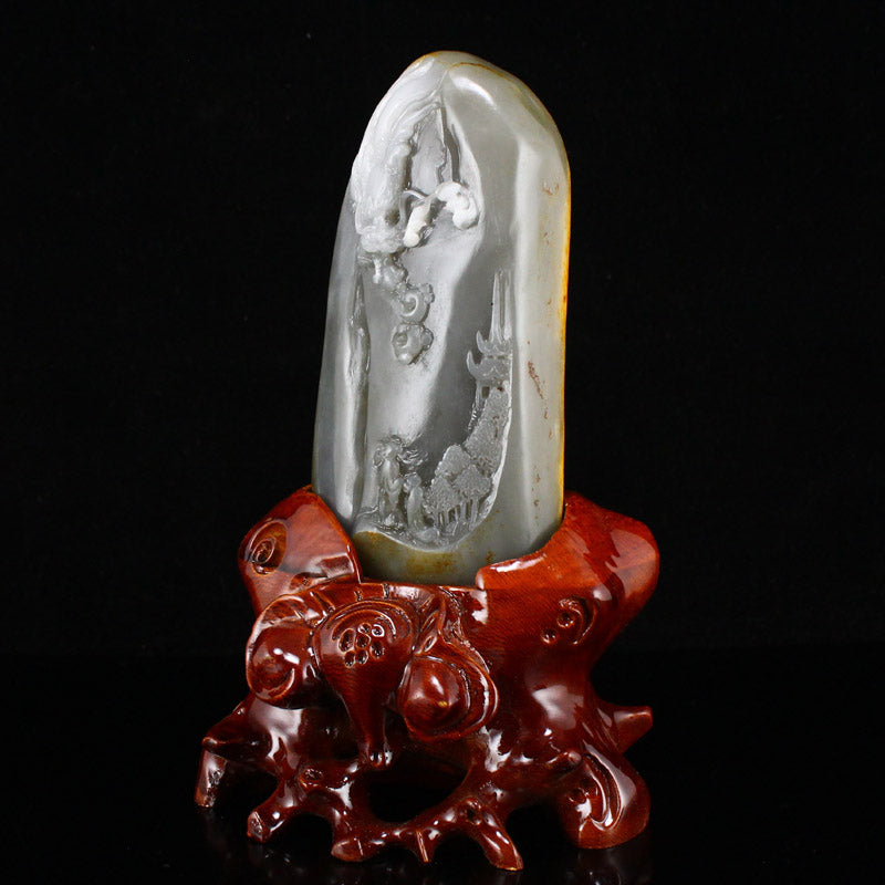 Chinese  Jade Lucky Dragon & Figure Statue w Certificate