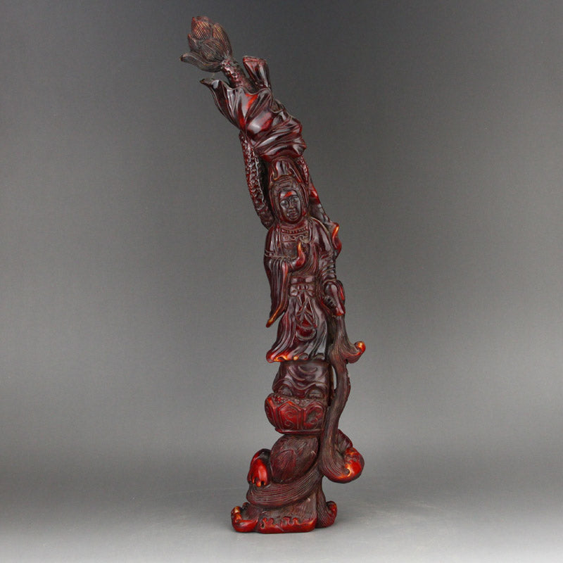 Vintage Ox Horn Lotus Flower Kwan-yin Statue