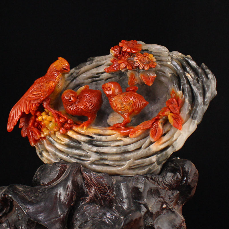 Chinese Shoushan Stone Bird & Bird's Nest Statue