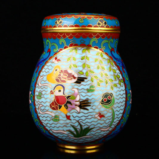 Chinese Gilt Edge Bronze Cloisonne Mandarin Duck Cricket Pot