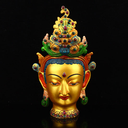 Vintage Gilt Gold Bronze Inlay Gem Kwan-yin Head Statue