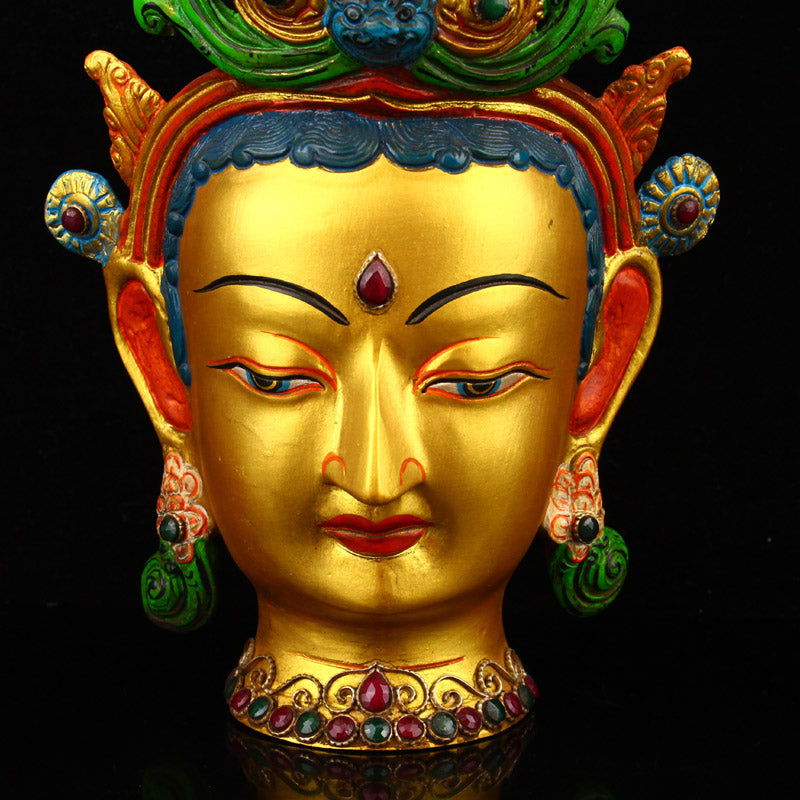 Vintage Gilt Gold Bronze Inlay Gem Kwan-yin Head Statue