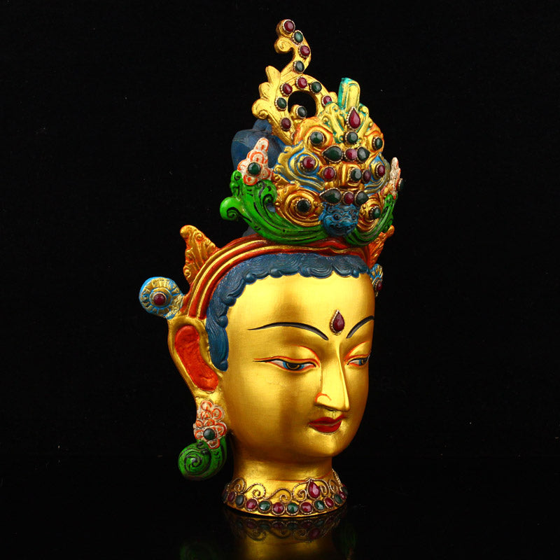 Vintage Gilt Gold Bronze Inlay Gem Kwan-yin Head Statue