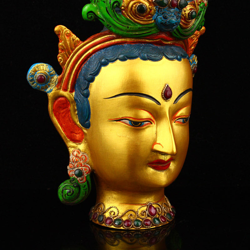 Vintage Gilt Gold Bronze Inlay Gem Kwan-yin Head Statue