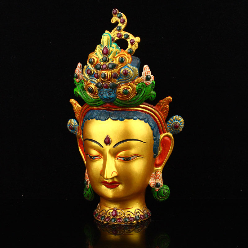 Vintage Gilt Gold Bronze Inlay Gem Kwan-yin Head Statue