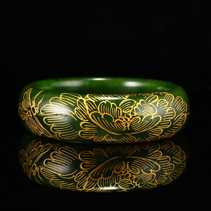 Inside Diameter 54.7mm Gilt Gold Green Hetian Jade Flower Design Bracelet