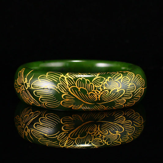 Inside Diameter 54.7mm Gilt Gold Green Hetian Jade Flower Design Bracelet