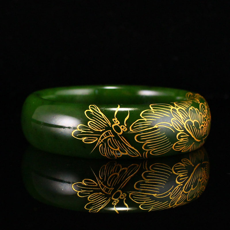 Inside Diameter 54.7mm Gilt Gold Green Hetian Jade Flower Design Bracelet