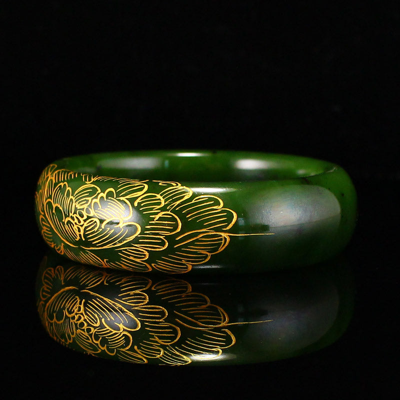 Inside Diameter 54.7mm Gilt Gold Green Hetian Jade Flower Design Bracelet