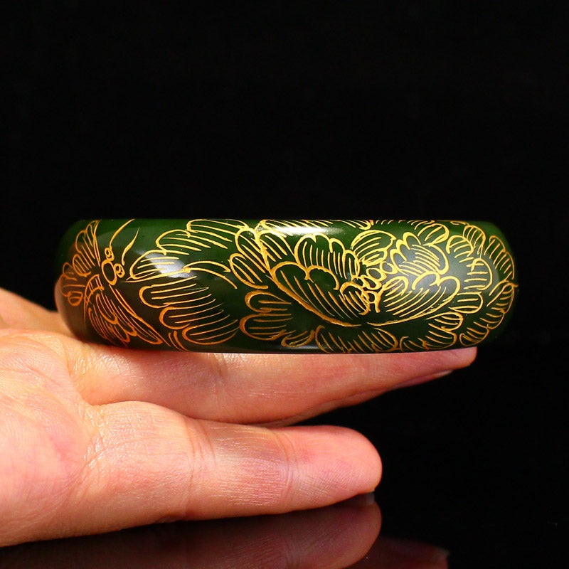 Inside Diameter 54.7mm Gilt Gold Green Hetian Jade Flower Design Bracelet