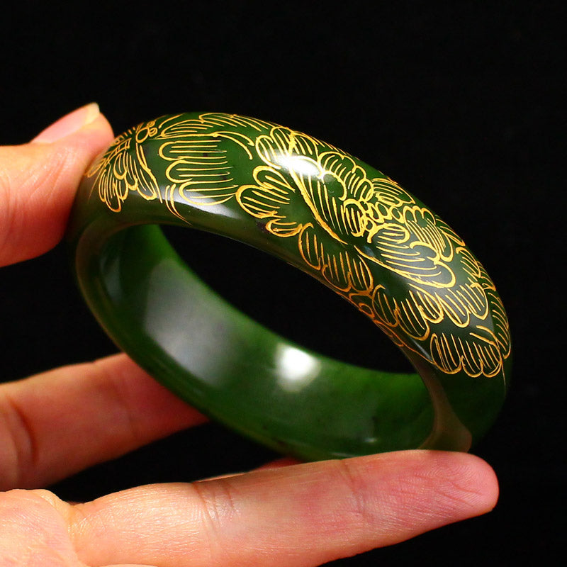 Inside Diameter 54.7mm Gilt Gold Green Hetian Jade Flower Design Bracelet