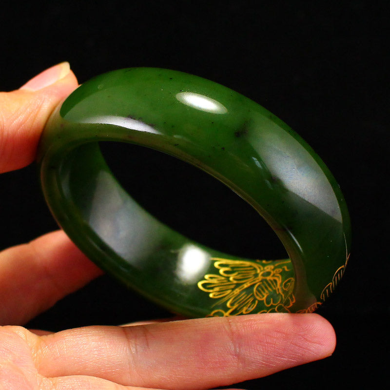 Inside Diameter 54.7mm Gilt Gold Green Hetian Jade Flower Design Bracelet