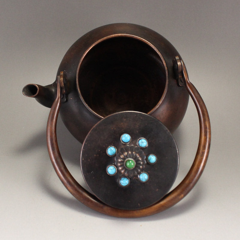 Old Chinese Copper Inlay Turquoise Handle Teapot