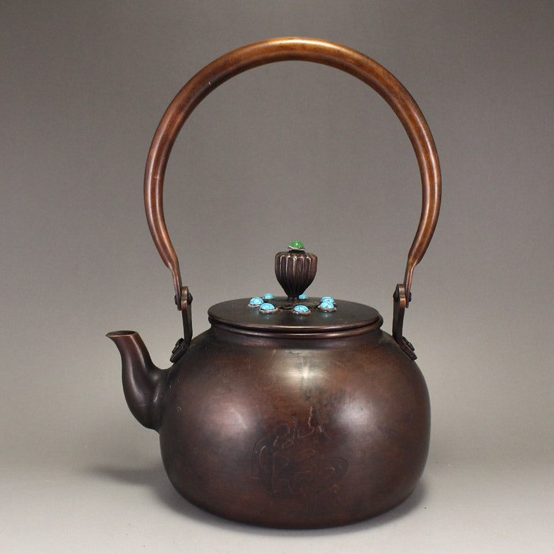 Old Chinese Copper Inlay Turquoise Handle Teapot