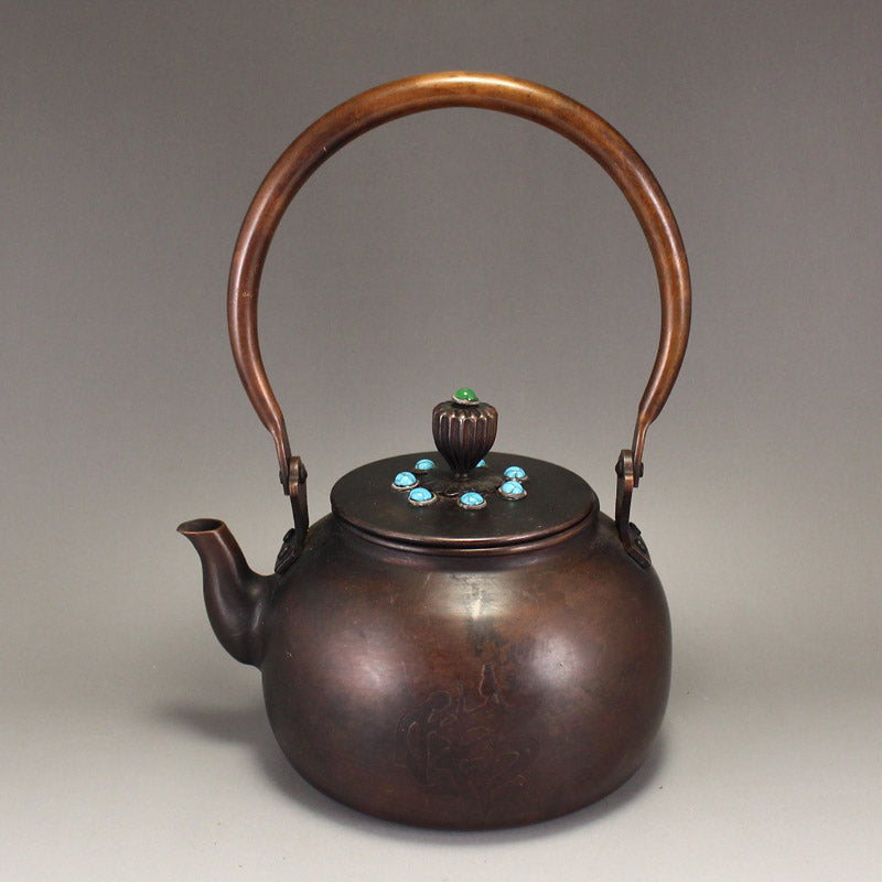 Old Chinese Copper Inlay Turquoise Handle Teapot