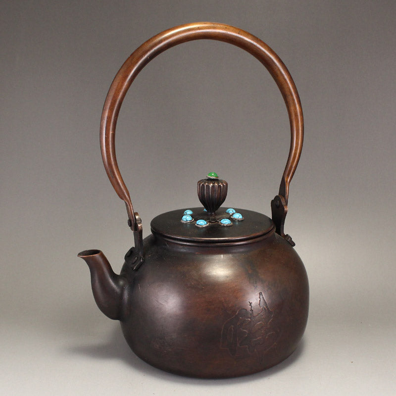 Old Chinese Copper Inlay Turquoise Handle Teapot