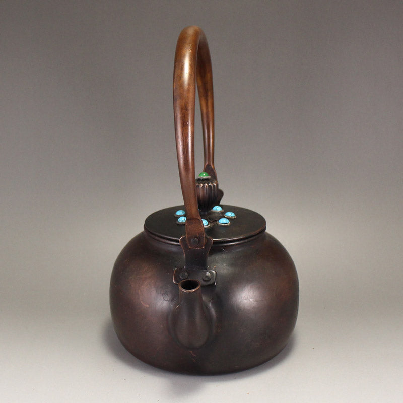 Old Chinese Copper Inlay Turquoise Handle Teapot