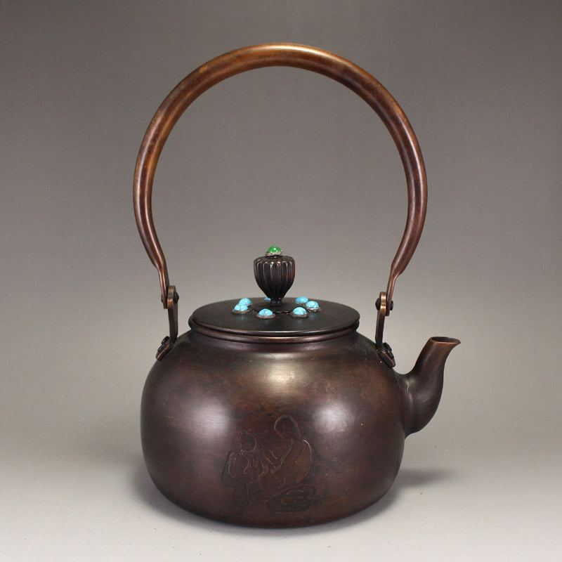 Old Chinese Copper Inlay Turquoise Handle Teapot