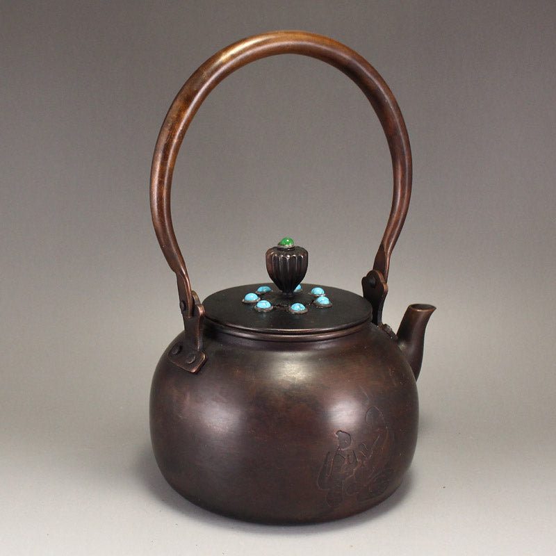 Old Chinese Copper Inlay Turquoise Handle Teapot