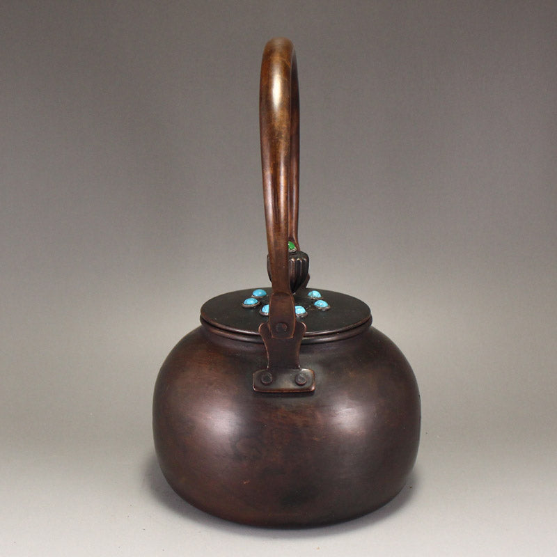 Old Chinese Copper Inlay Turquoise Handle Teapot