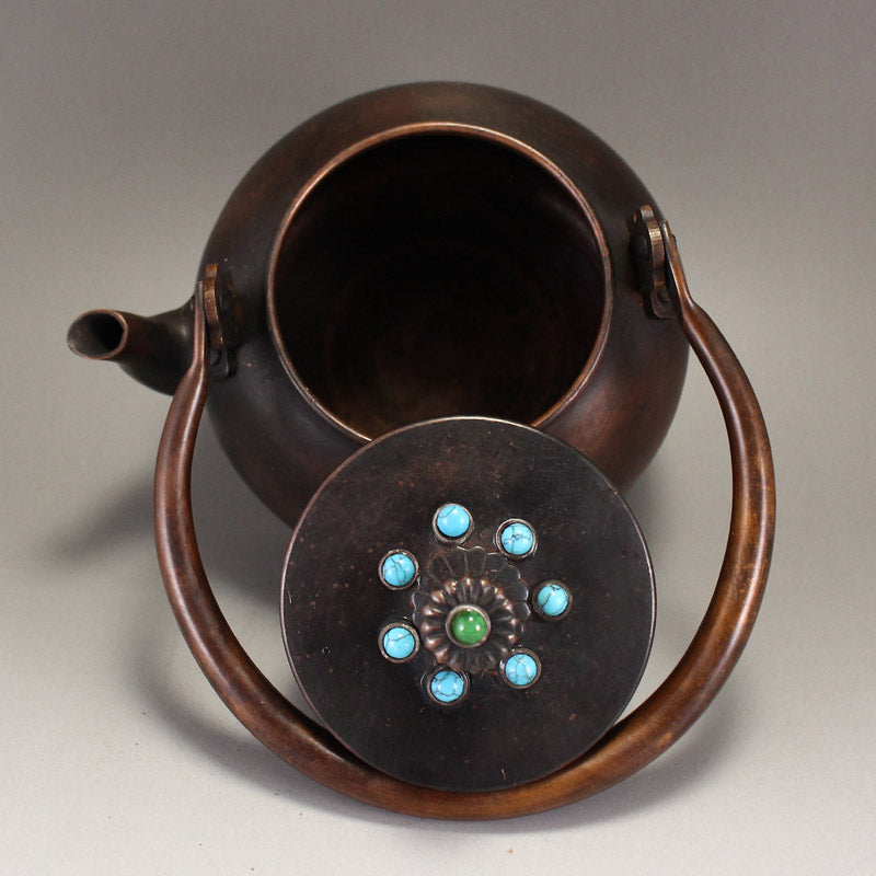 Old Chinese Copper Inlay Turquoise Handle Teapot