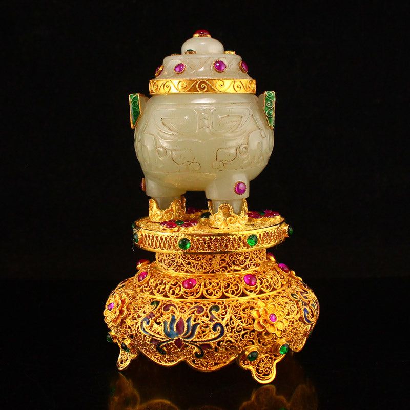 Chinese Gilt Gold Hetian Jade Inlay Gem Double Ears 3 Legs Incense Burner w Gold Wire Enamel Base & Qianlong Mark