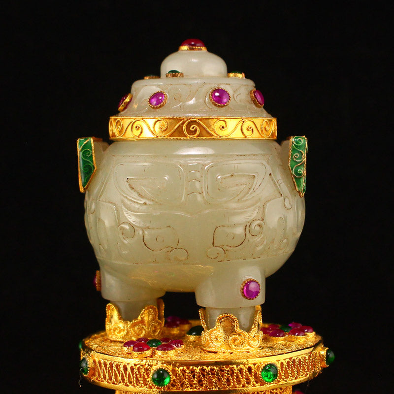 Chinese Gilt Gold Hetian Jade Inlay Gem Double Ears 3 Legs Incense Burner w Gold Wire Enamel Base & Qianlong Mark