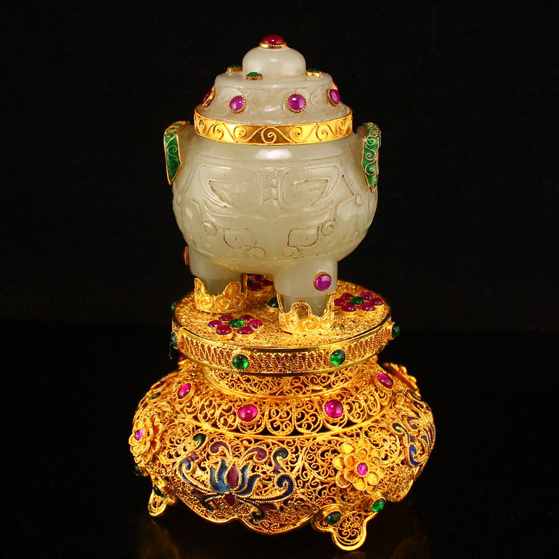 Chinese Gilt Gold Hetian Jade Inlay Gem Double Ears 3 Legs Incense Burner w Gold Wire Enamel Base & Qianlong Mark