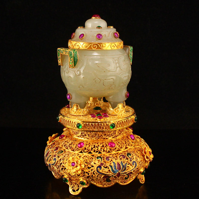 Chinese Gilt Gold Hetian Jade Inlay Gem Double Ears 3 Legs Incense Burner w Gold Wire Enamel Base & Qianlong Mark