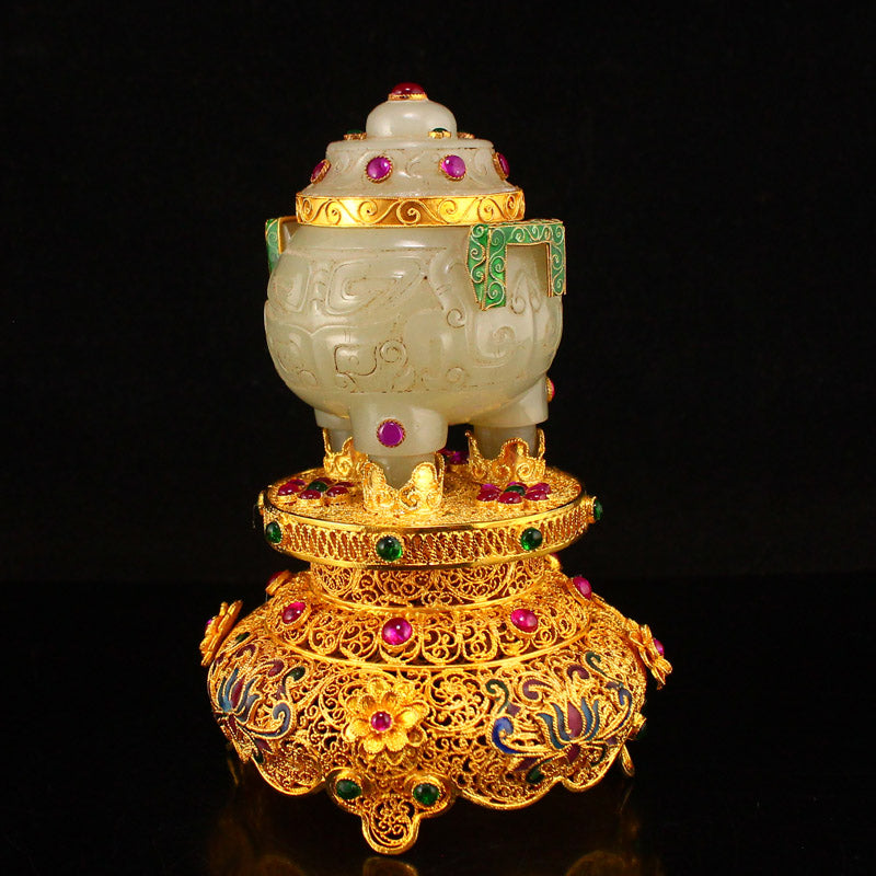 Chinese Gilt Gold Hetian Jade Inlay Gem Double Ears 3 Legs Incense Burner w Gold Wire Enamel Base & Qianlong Mark