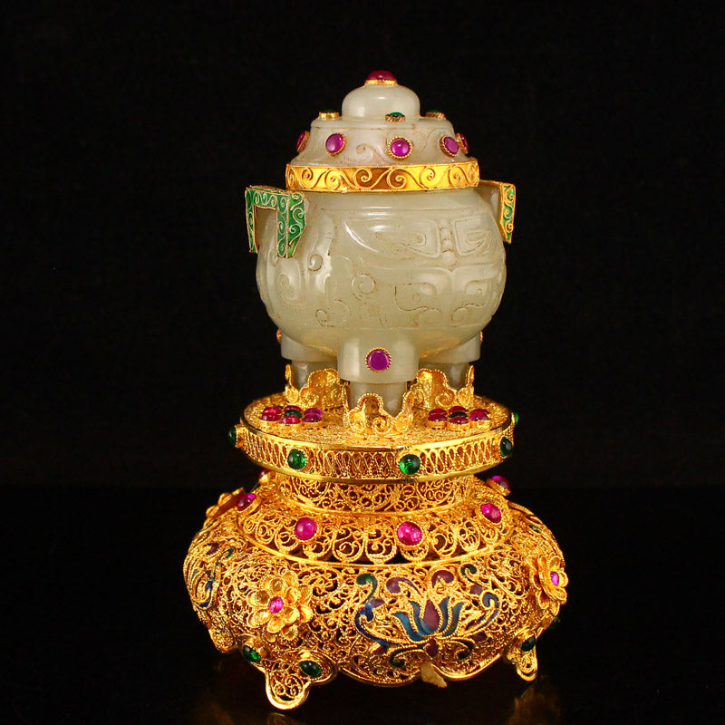 Chinese Gilt Gold Hetian Jade Inlay Gem Double Ears 3 Legs Incense Burner w Gold Wire Enamel Base & Qianlong Mark